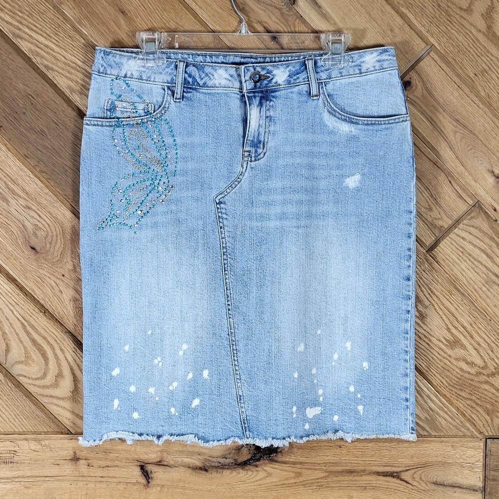 Decoded Denim Skirt Womens Size 9 Blue Butterfly Rhinestone Bleach Splatter Y2K